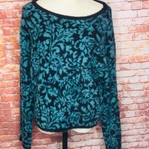 Tahari Turquoise and Black Soft Floral Scoop Neck Sweater